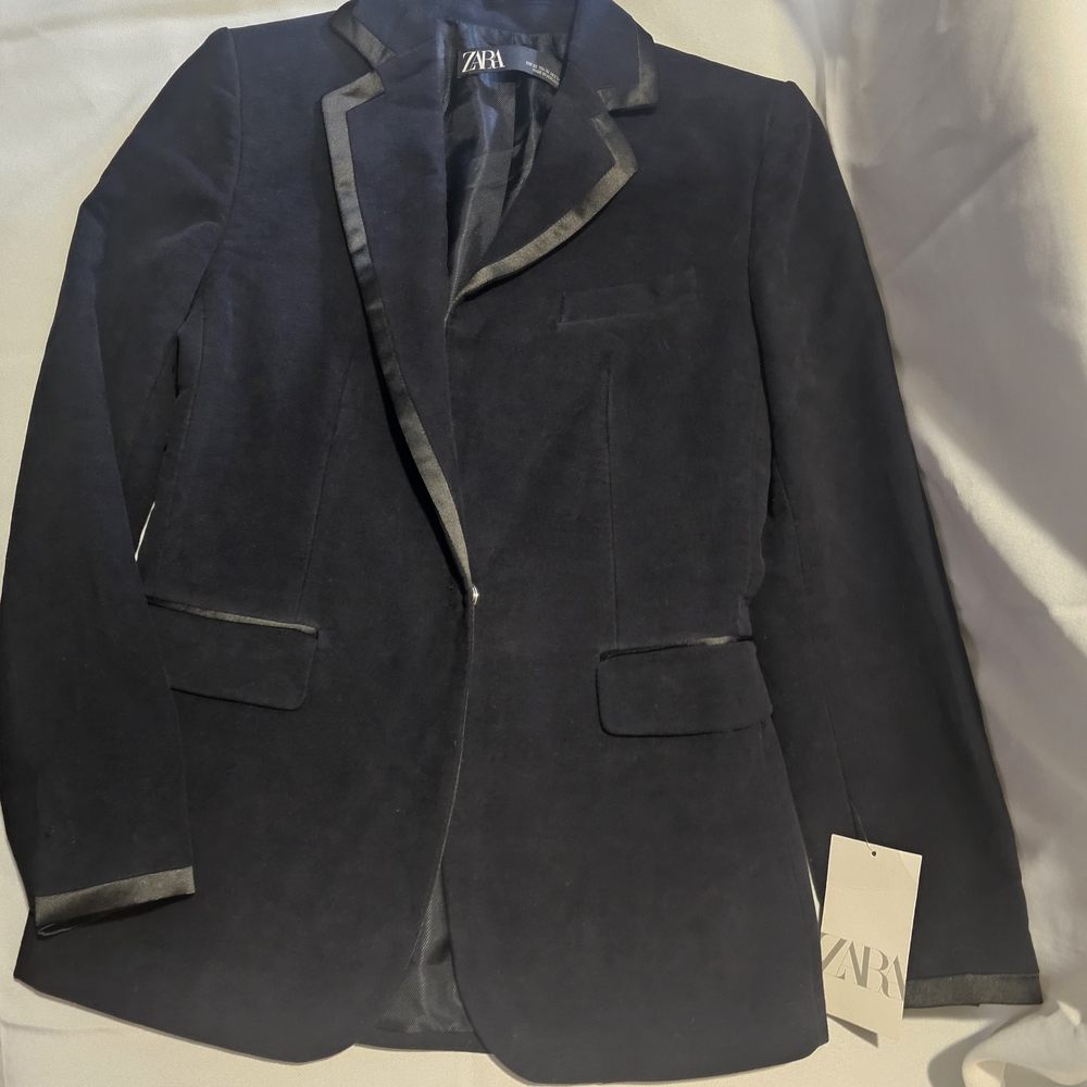 Zara Women's Navy Blue Blazer with Black Satin Trim